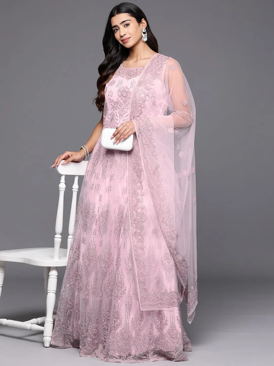 Buy Libas Art Pink Embellished Net Gown Dress With Dupatta Online