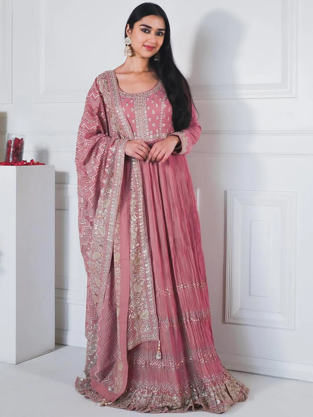 Buy Libas Art Pink Embroidered Georgette A-Line Kurta With