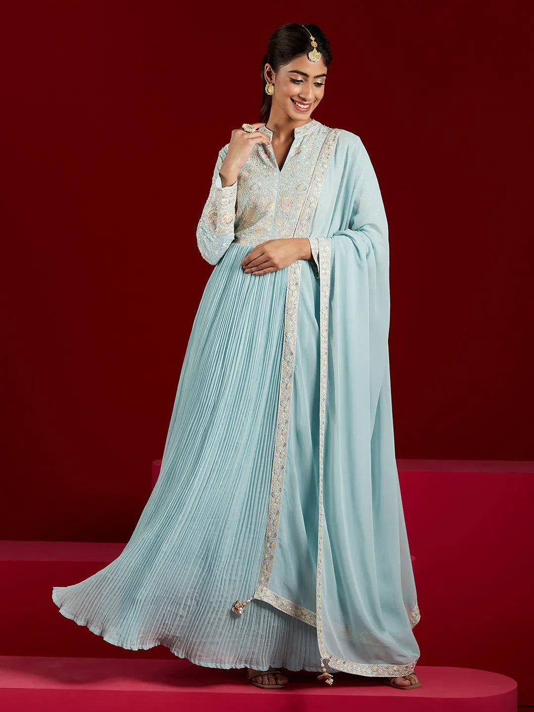 Libas Art Blue Yoke Design Georgette Anarkali Suit With Dupatta - Libas