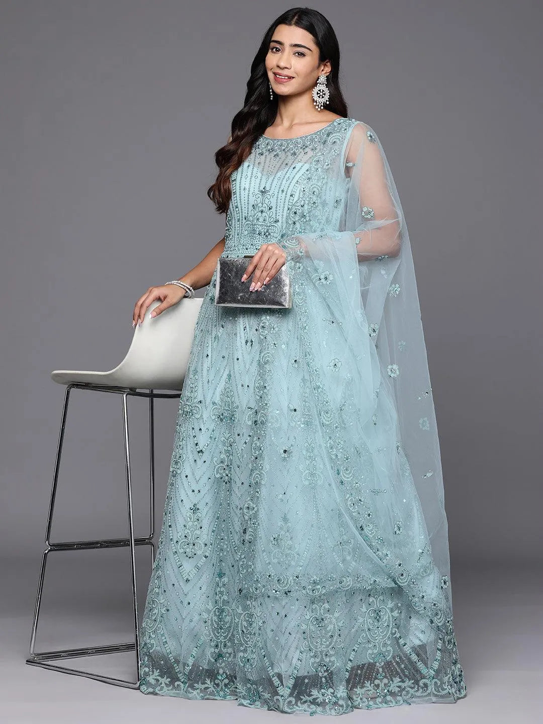 Buy Libas Art Sea Green Embellished Net Gown Dress With Dupatta