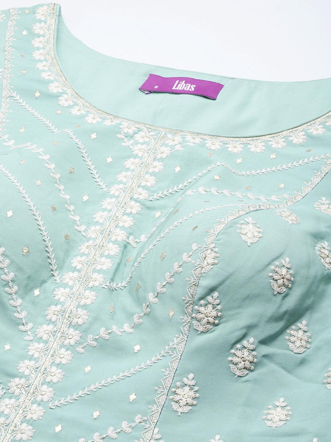 

Libas Art Sea Green Embroidered Silk Straight Suit Set