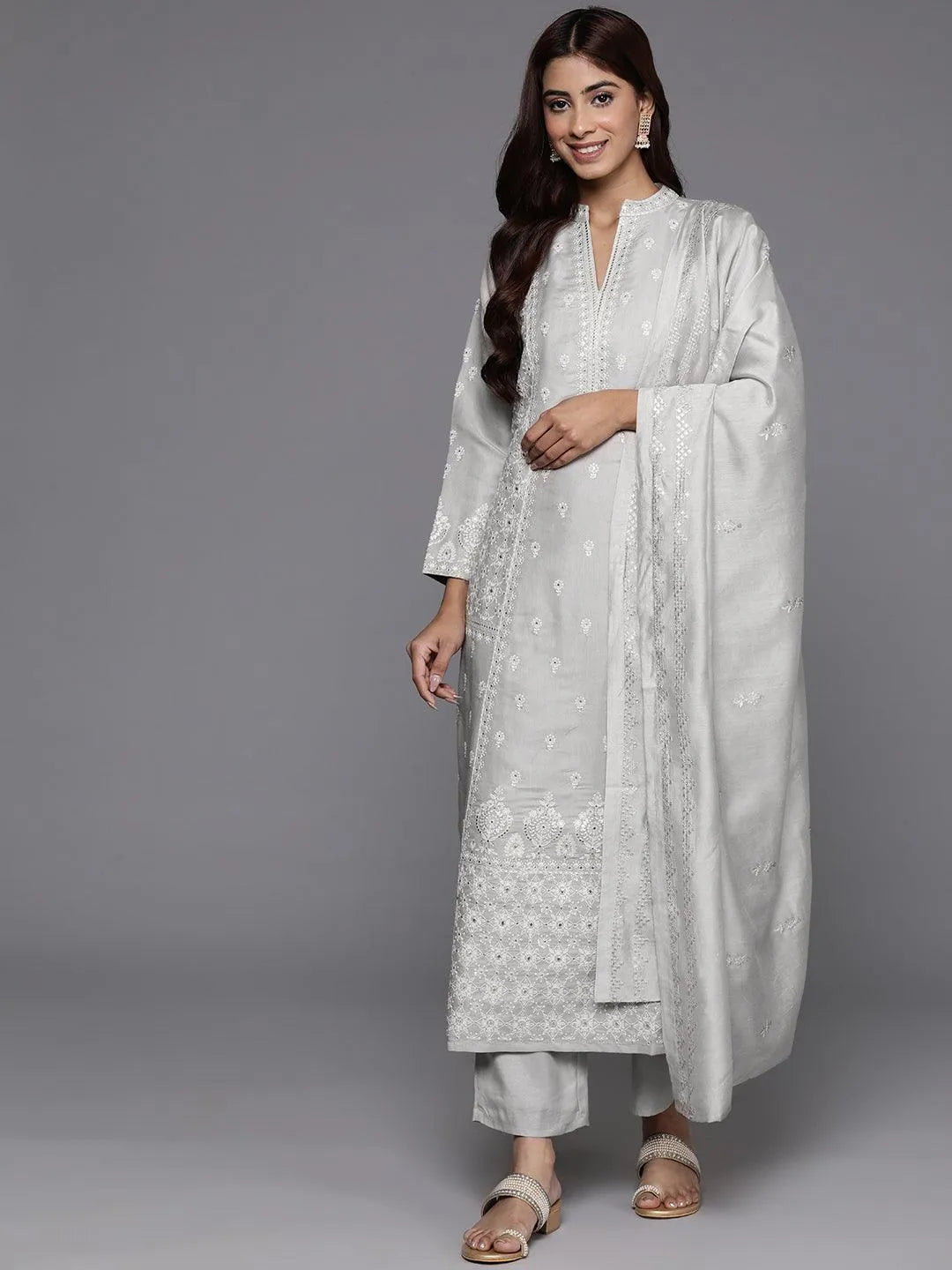 Libas Art Taupe Embroidered Silk Blend A-Line Kurta With Trousers & Dupatta - Libas