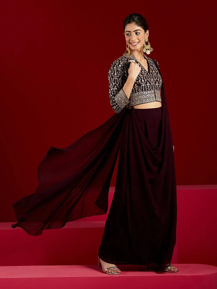 Libas Art Wine Embellished Georgette Top With Palazzos - Libas