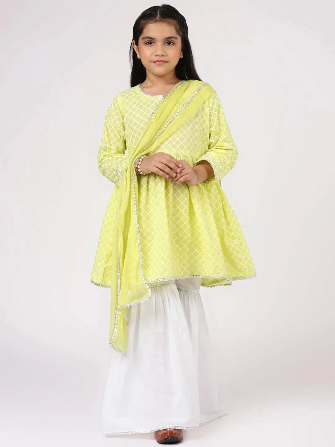 Lime Green Printed Cotton A-Line Suit Set - Libas