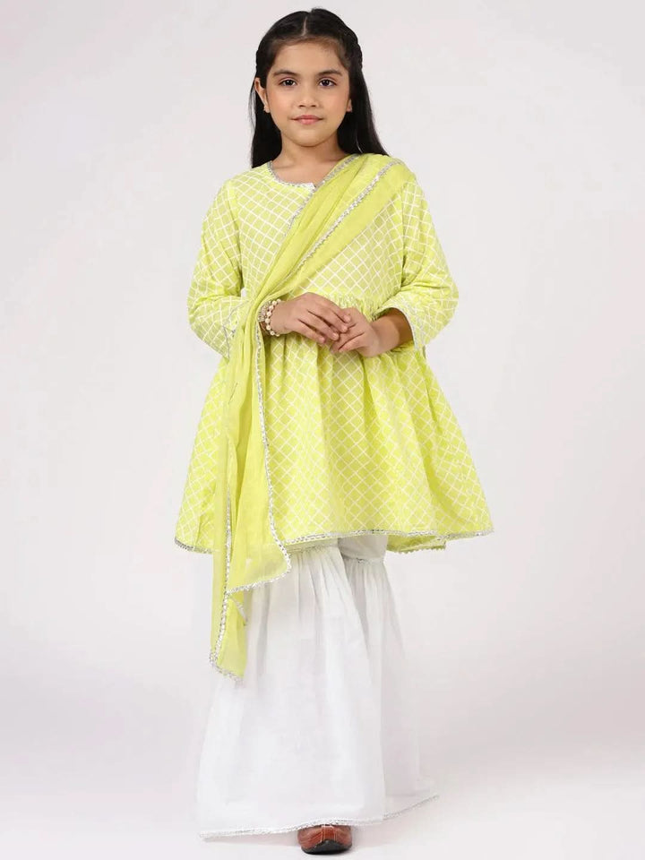 Lime Green Printed Cotton A-Line Suit Set - Libas