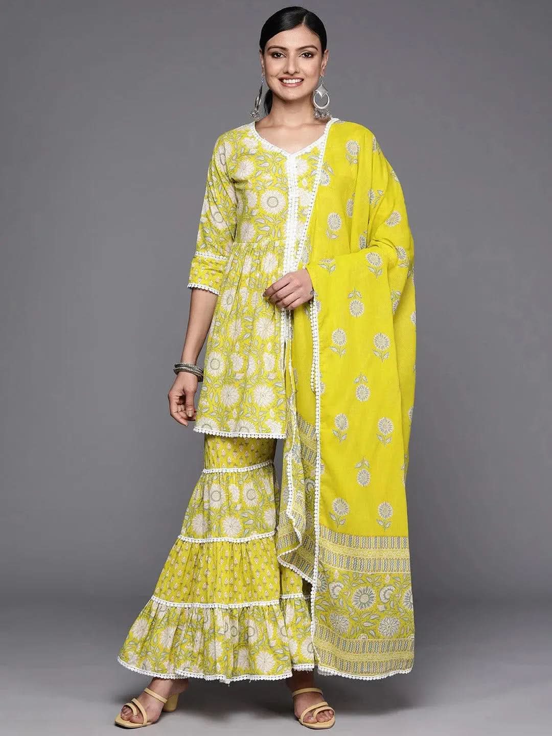 Lime Green Printed Cotton Anarkali Sharara Suit Set - Libas