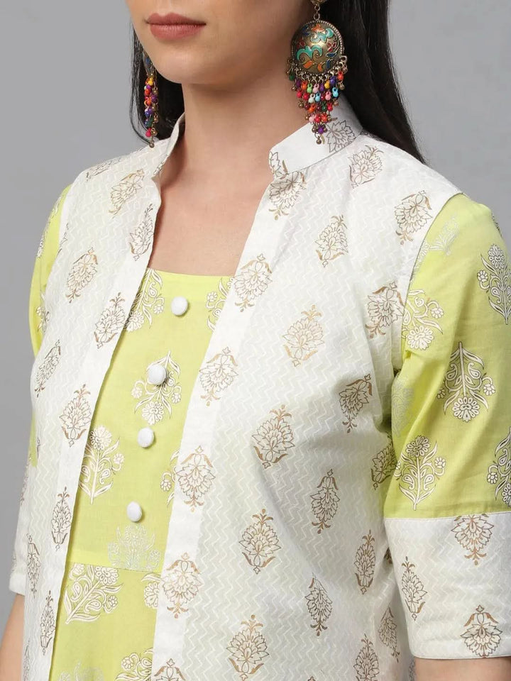 Lime Green Printed Cotton Dress With Jacket - Libas