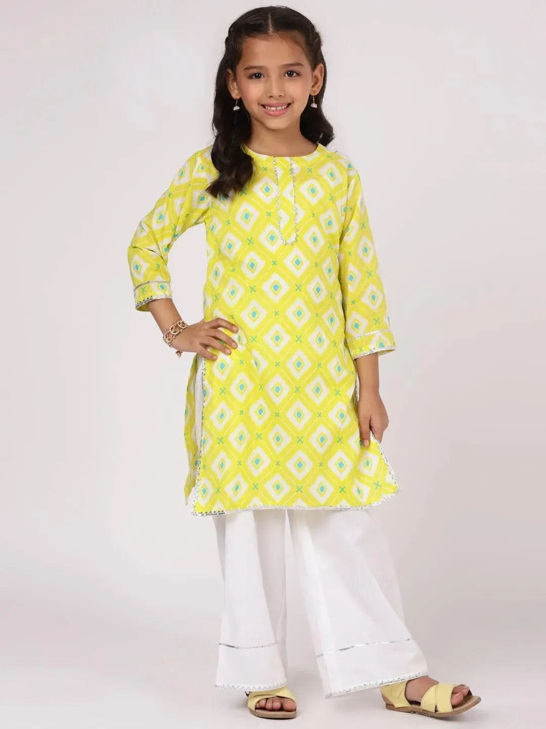 Lime Green Printed Cotton Kurta Set - Libas