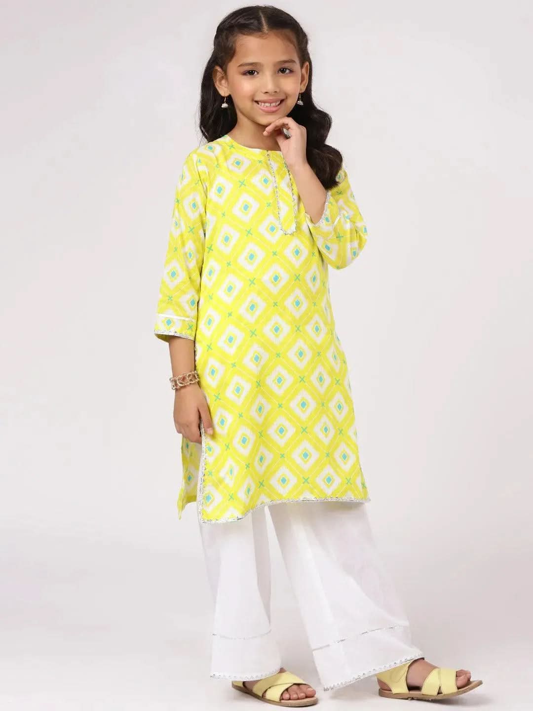 Lime Green Printed Cotton Kurta Set - Libas