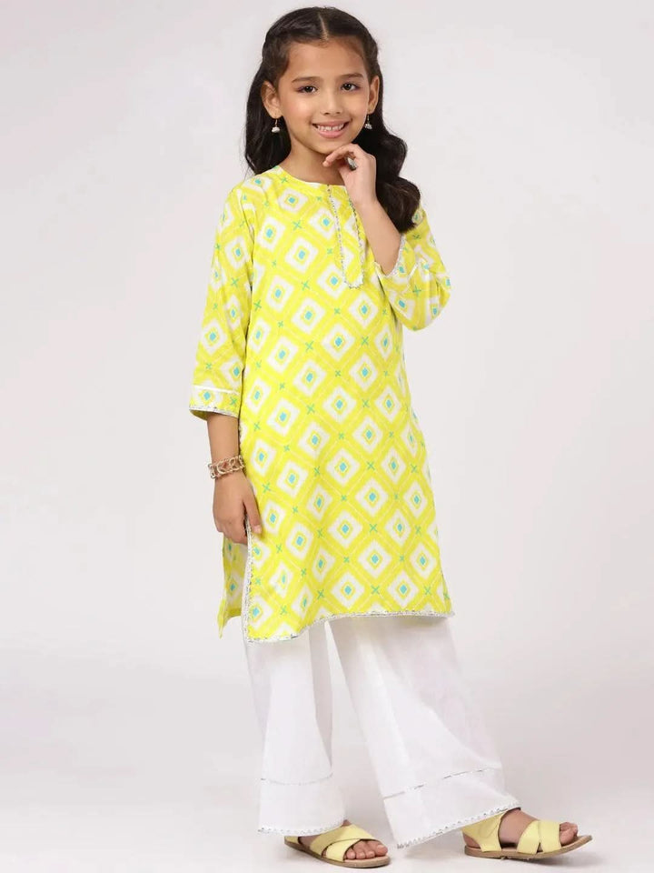 Lime Green Printed Cotton Kurta Set - Libas