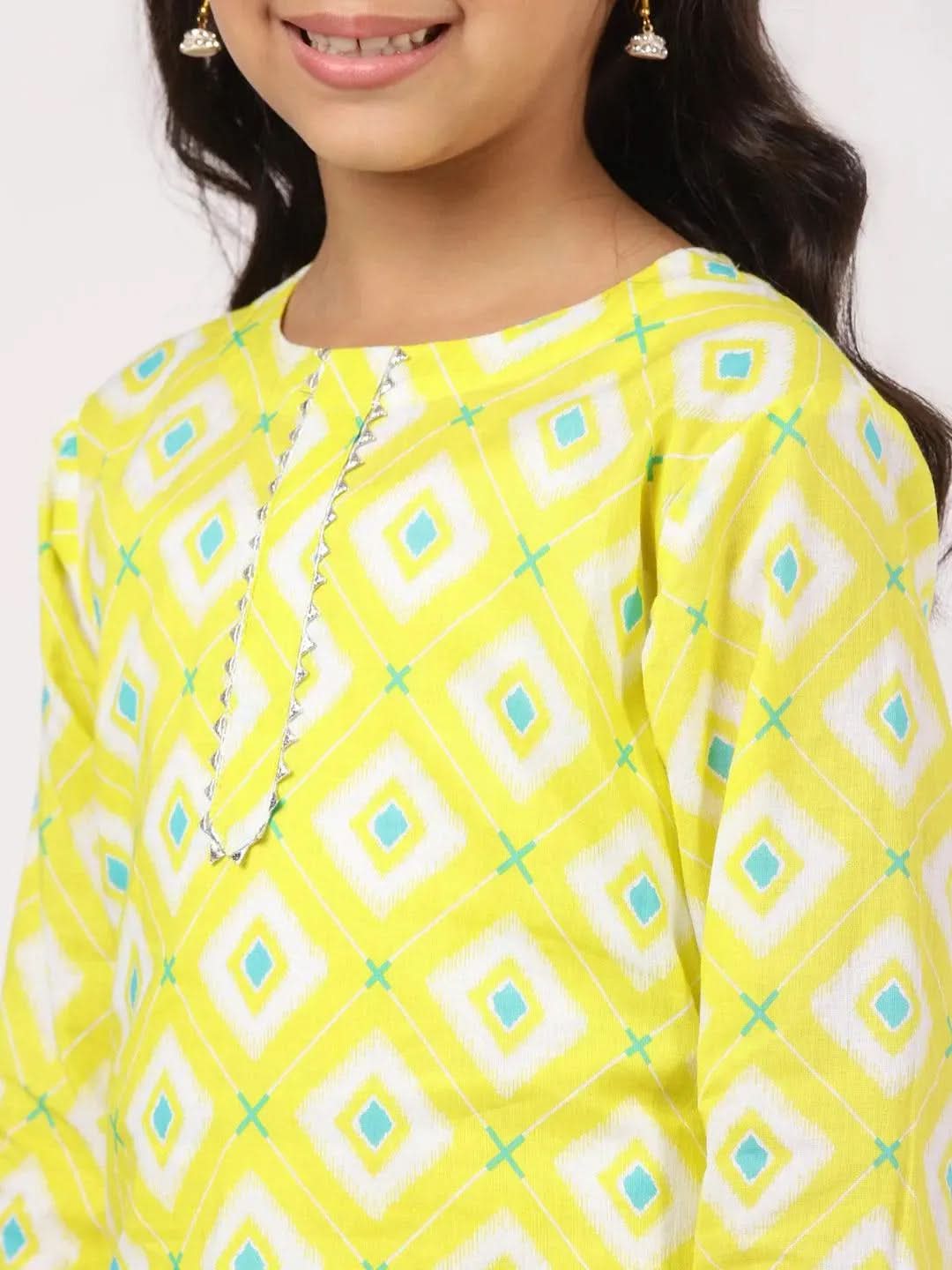 Lime Green Printed Cotton Straight Kurta With Palazzos
Lime Green Printed Cotton Straight Kurta With Palazzos