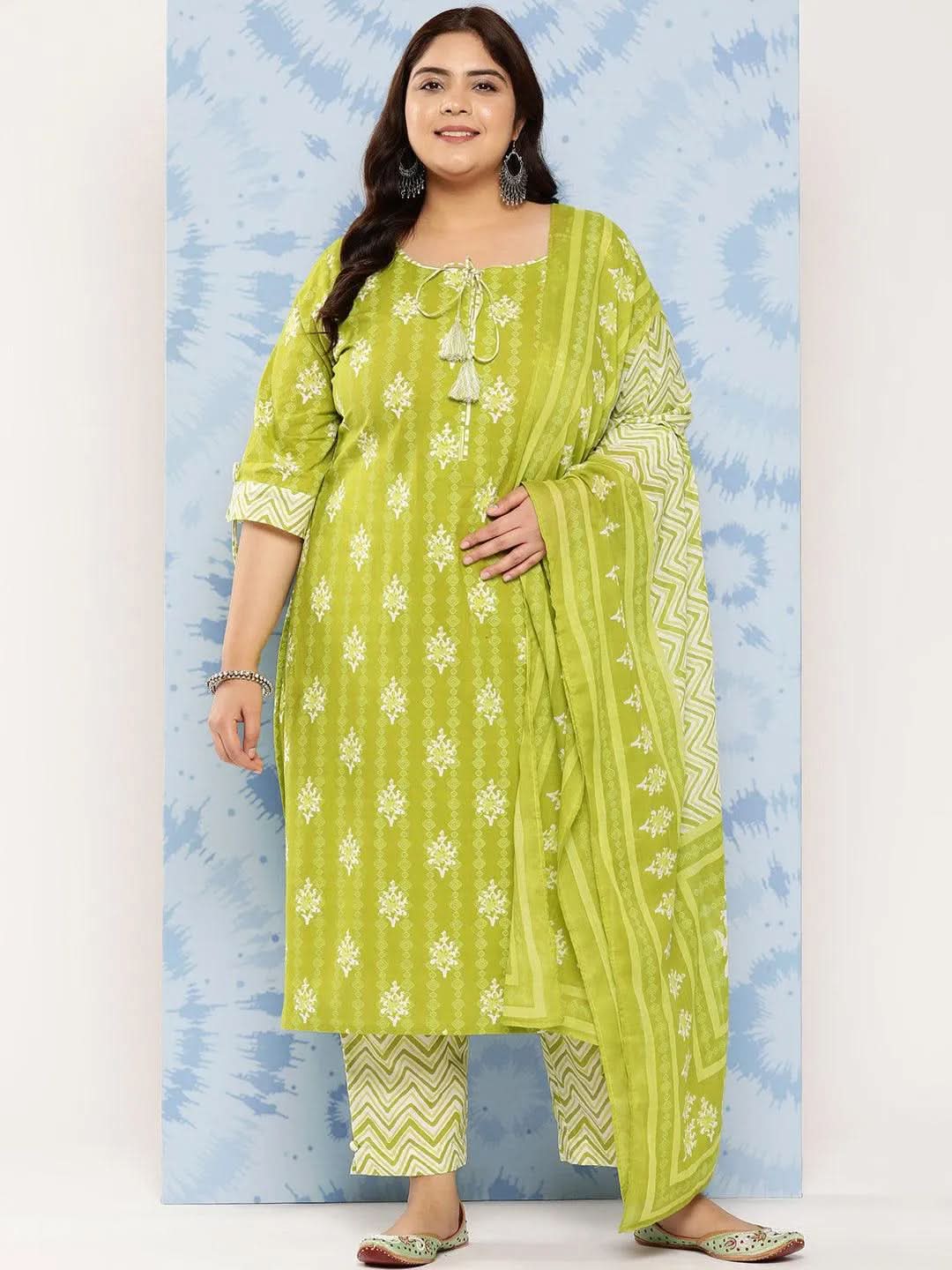 Buy Lime Green Printed Cotton Straight Kurta With Trousers and