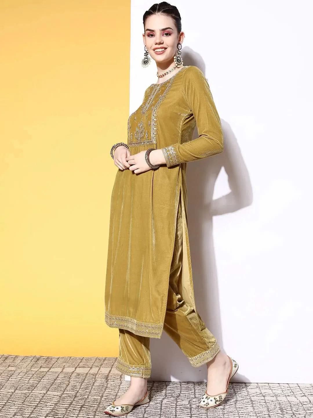 Lime Green Yoke Design Velvet Straight Suit Set - Libas