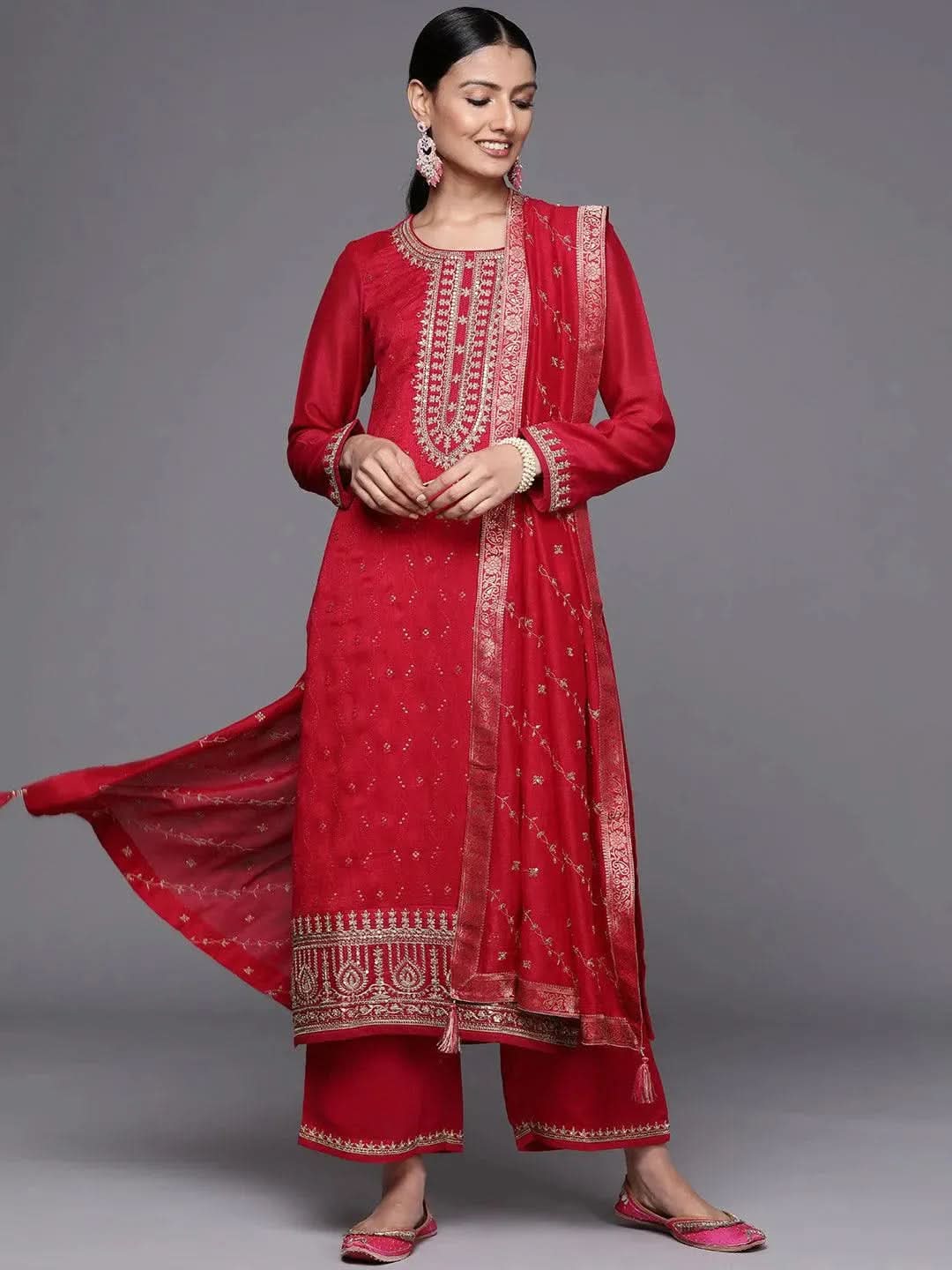 Magenta Embroidered Silk Blend Straight Suit Set - Libas