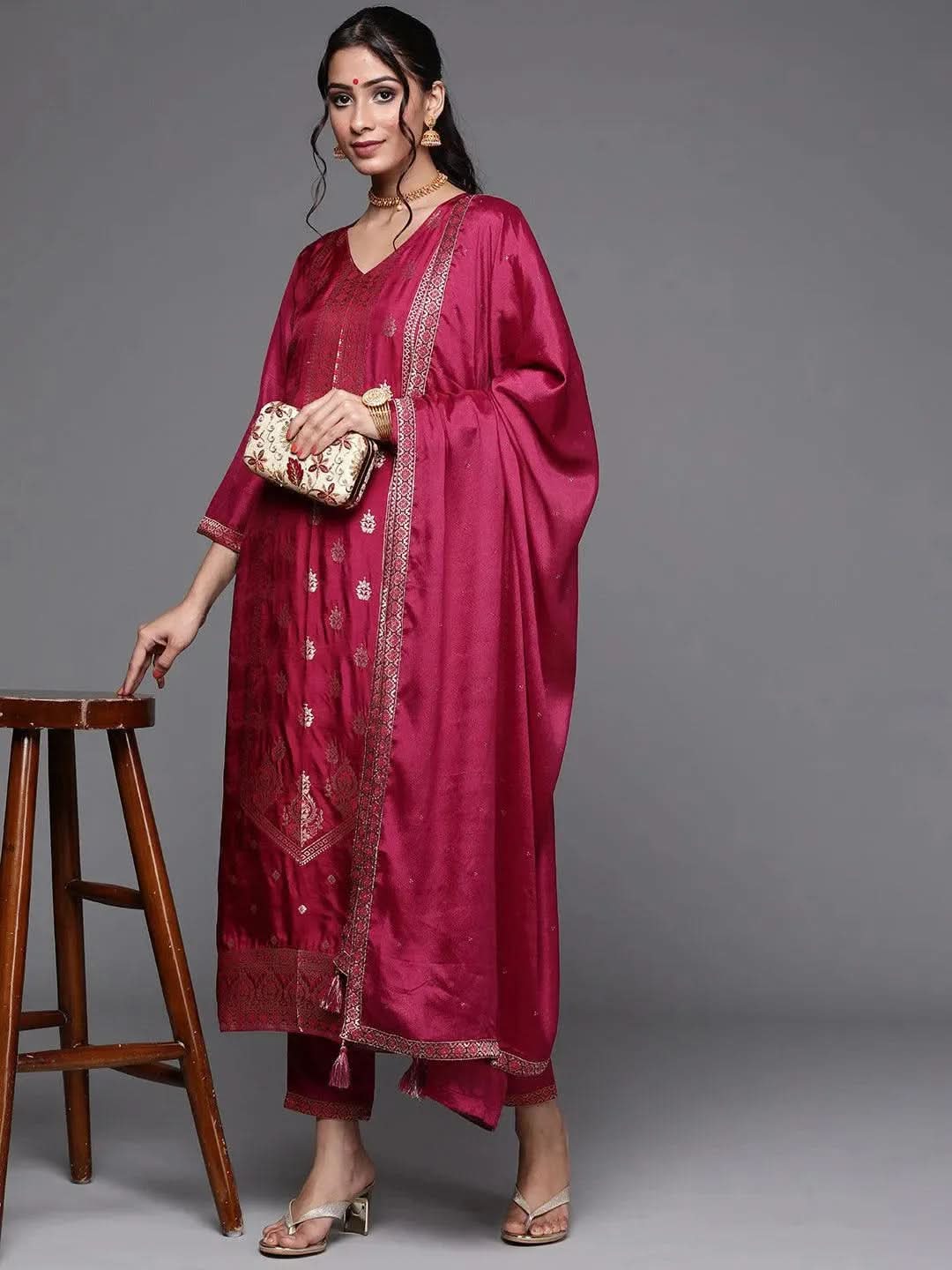Magenta Self Design Silk Suit Set - Libas