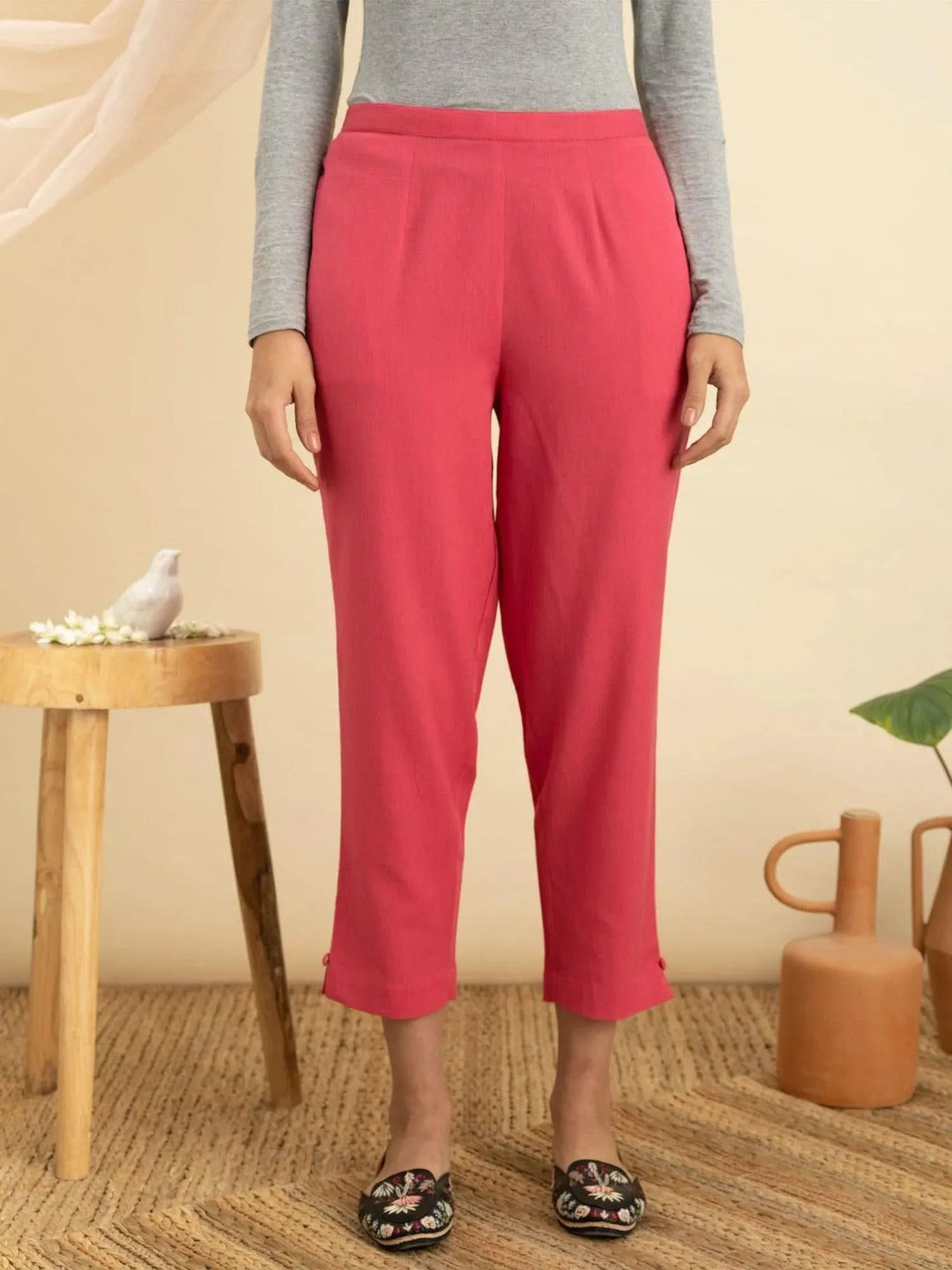 Magenta Solid Cotton Trousers - Libas
