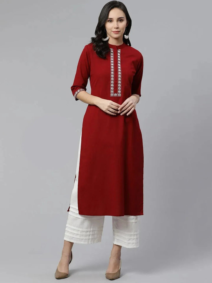 Maroon Embroidered Cotton Kurta - Libas