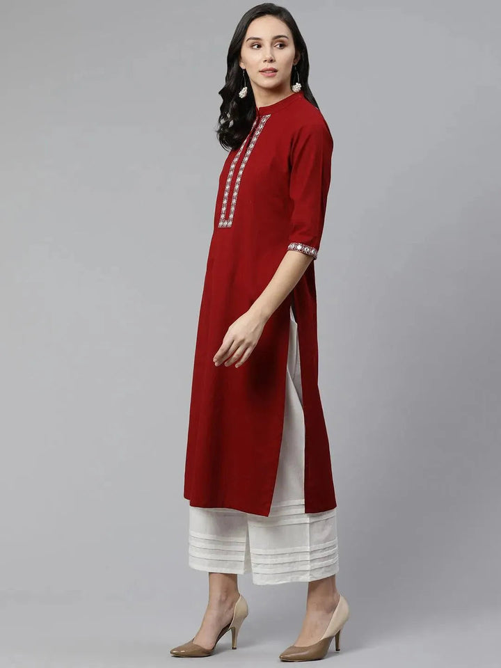 Maroon Embroidered Cotton Kurta - Libas