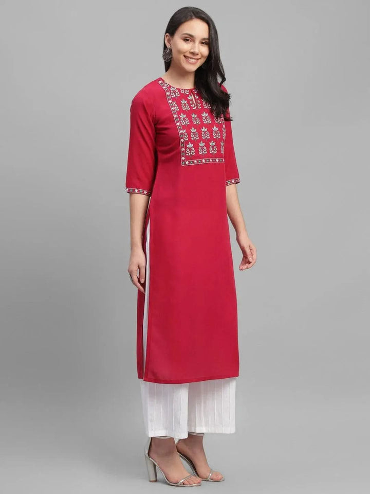 Maroon Embroidered Cotton Kurta - Libas