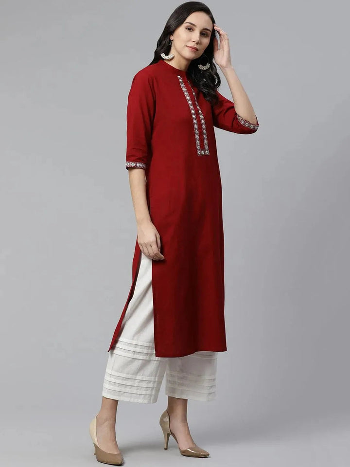 Maroon Embroidered Cotton Kurta - Libas