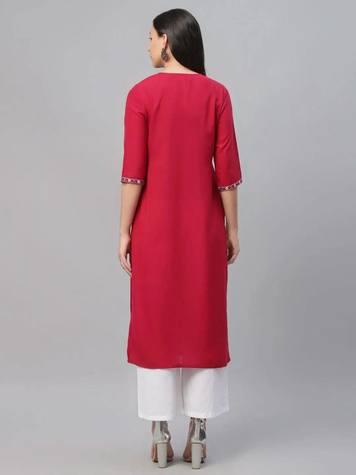 Maroon Embroidered Cotton Kurta - Libas