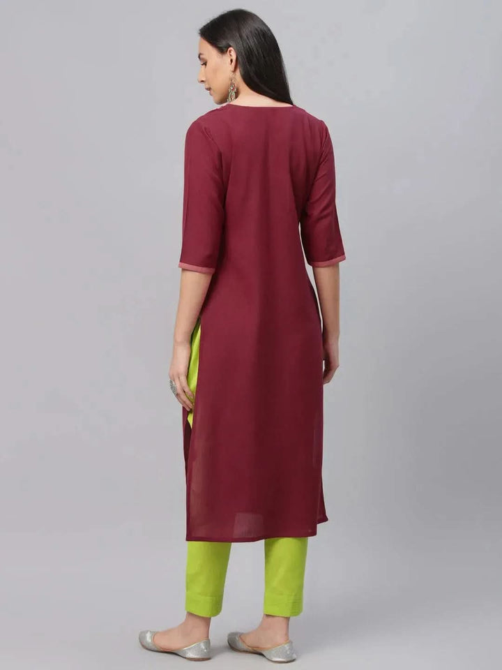 Maroon Embroidered Cotton Kurta - Libas