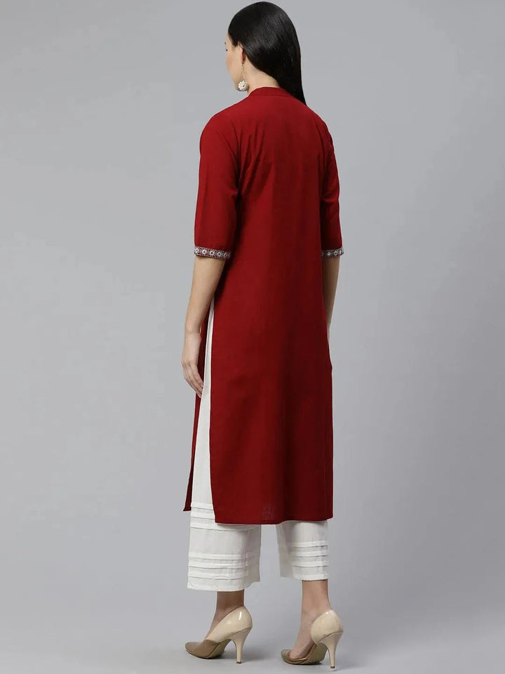 Maroon Embroidered Cotton Kurta - Libas