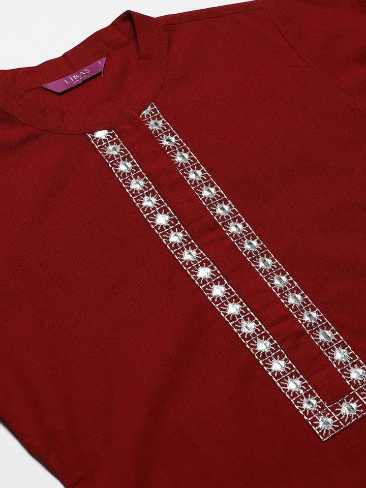 Maroon Embroidered Cotton Kurta - Libas