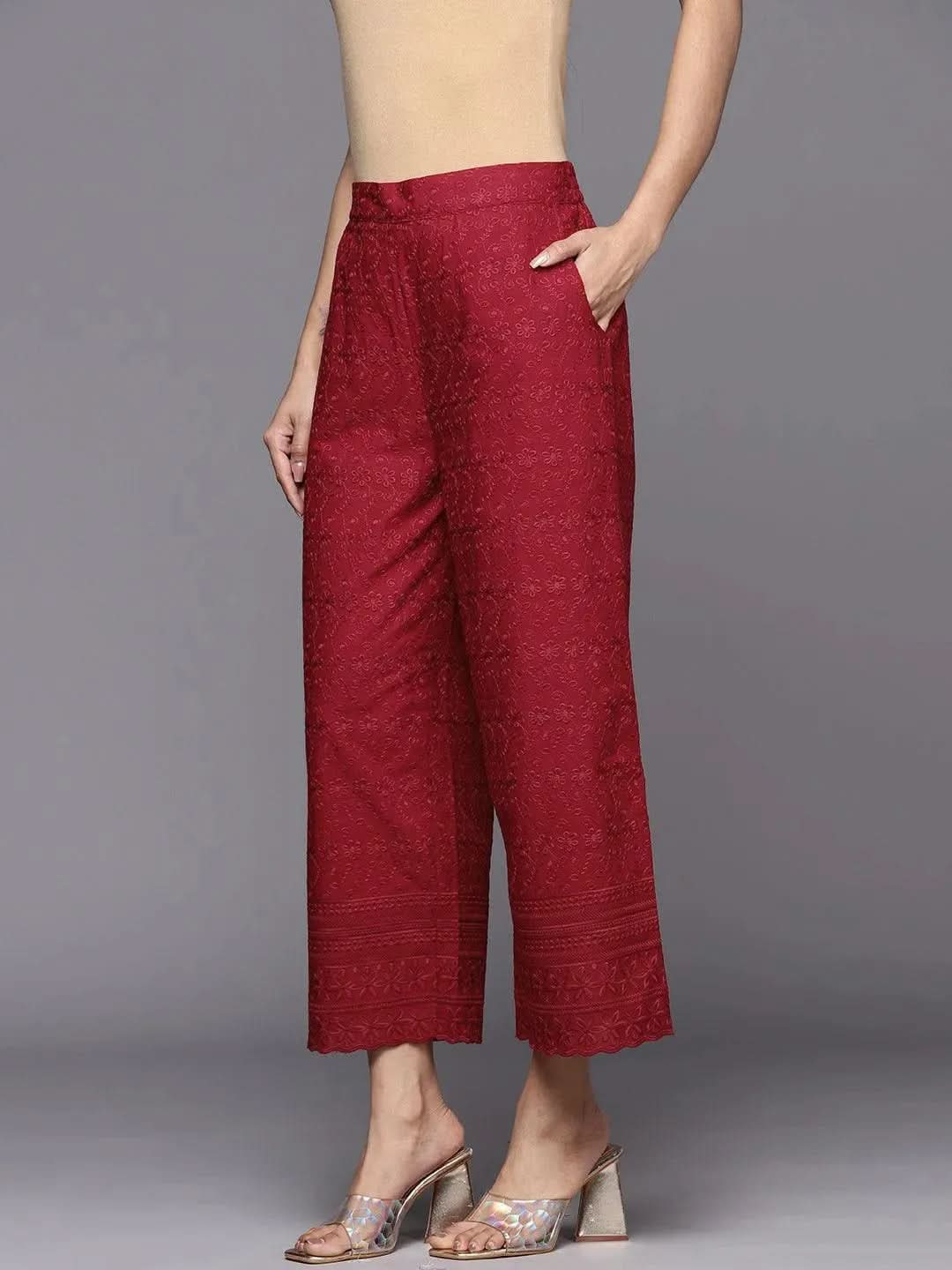 Maroon Embroidered Cotton Palazzos - Libas