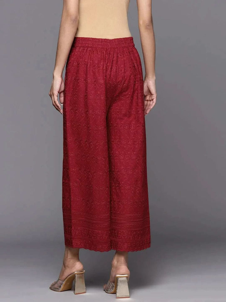 Maroon Embroidered Cotton Palazzos - Libas