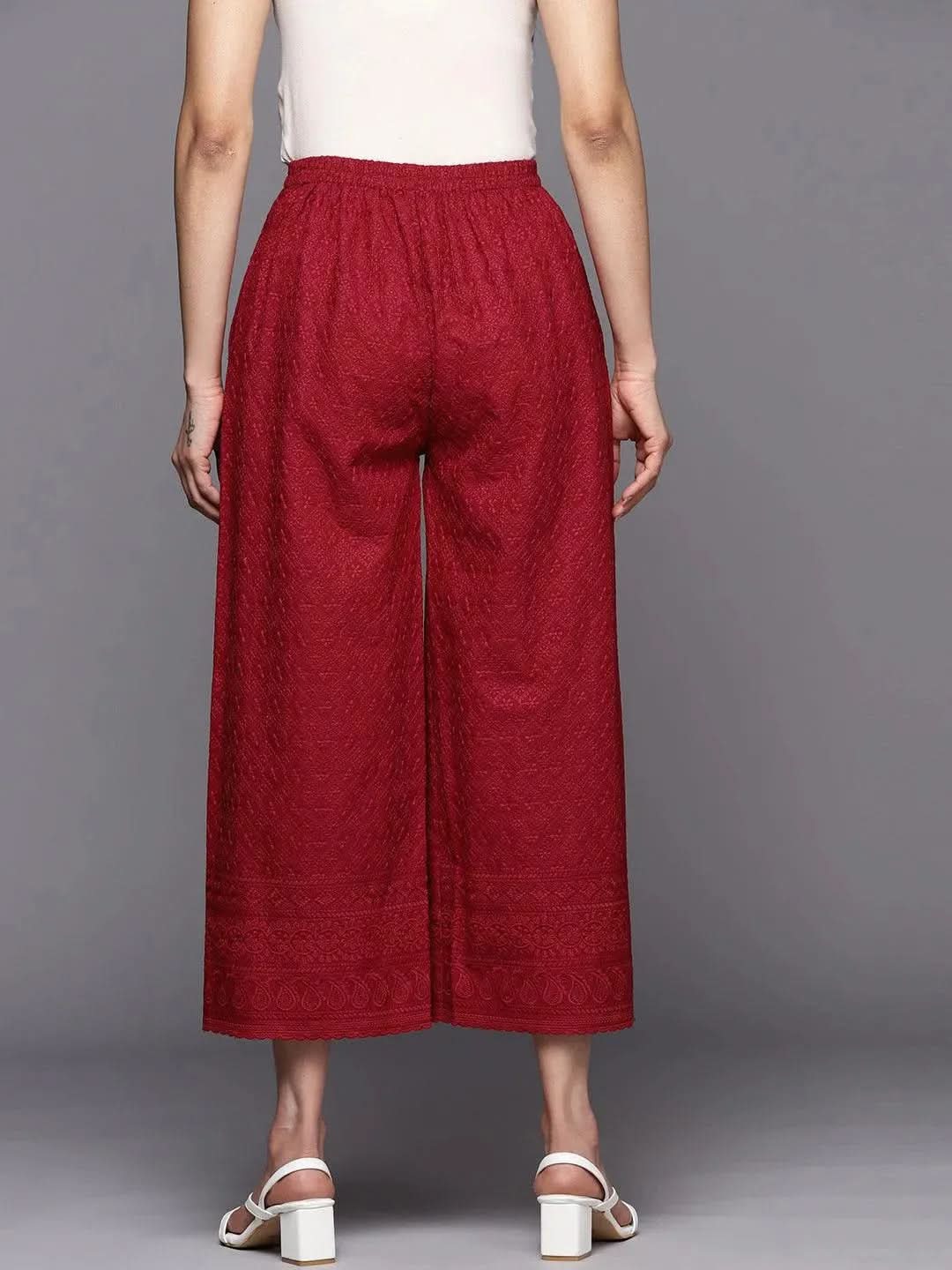 Maroon Embroidered Cotton Palazzos - Libas