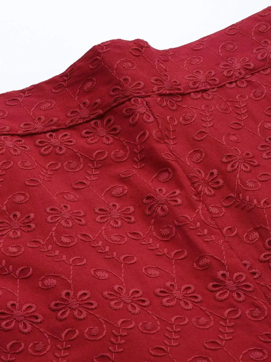 Maroon Embroidered Cotton Palazzos - Libas
