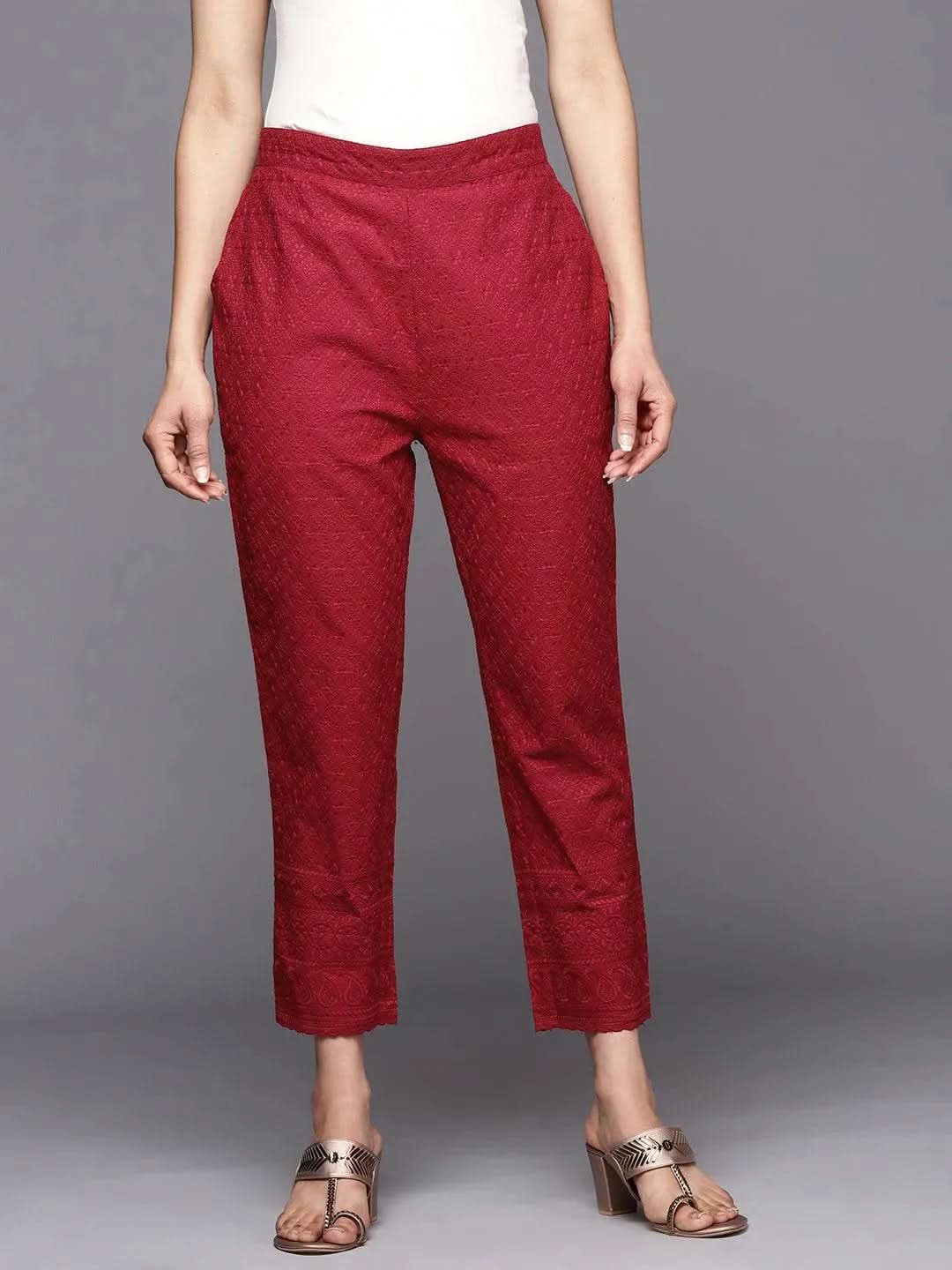 Maroon Embroidered Cotton Trousers - Libas