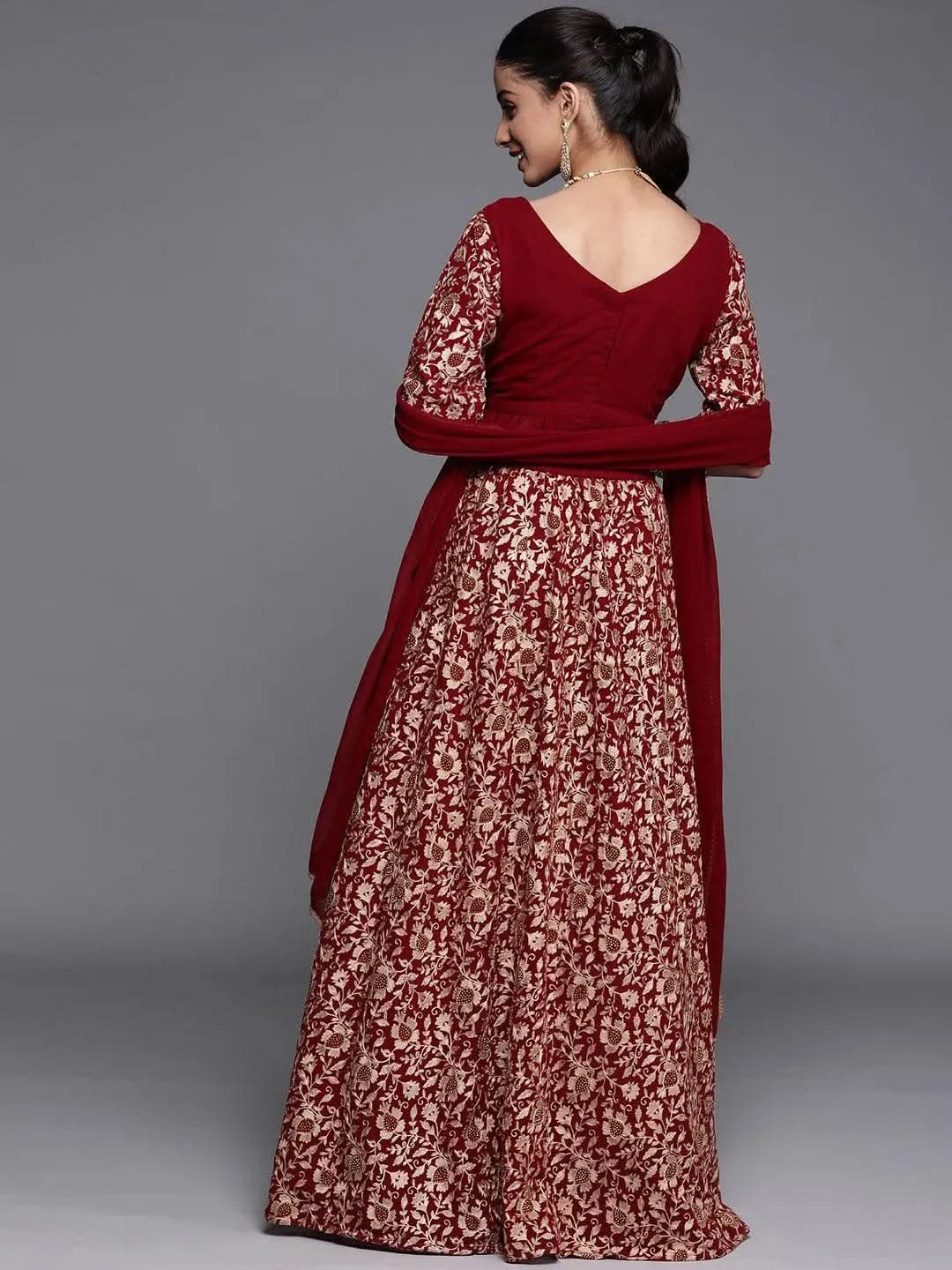 Maroon Embroidered Georgette Lehenga Set - Libas