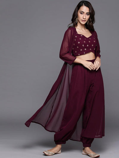 Maroon Embroidered Georgette Clothing Set - Libas