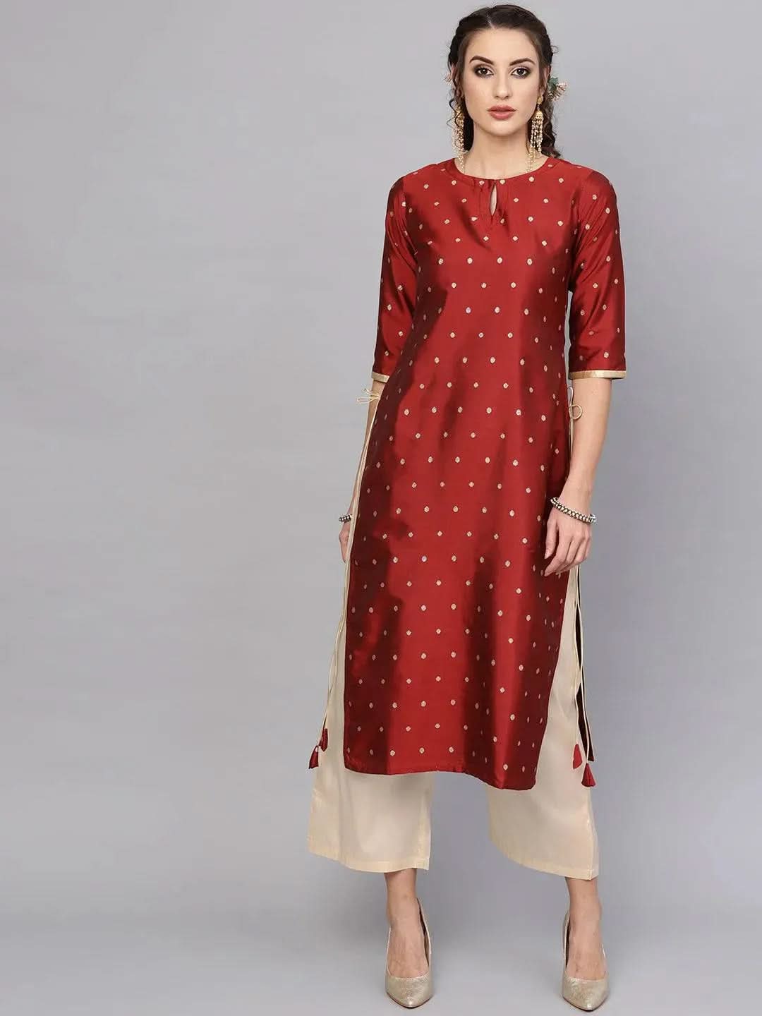Maroon Embroidered Polyester Kurta Set - Libas