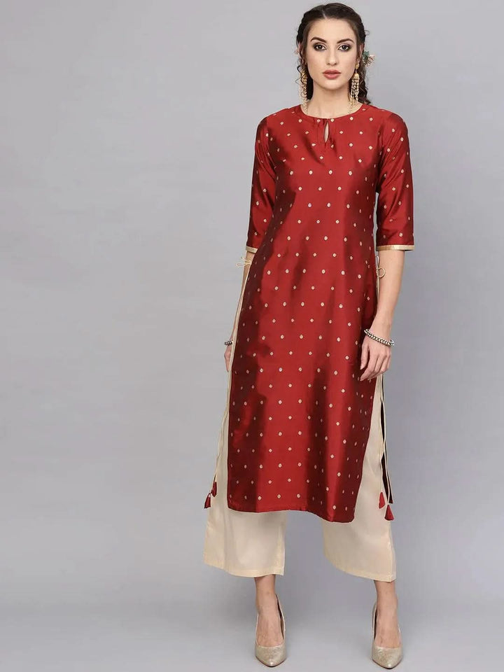 Maroon Embroidered Polyester Kurta Set - Libas