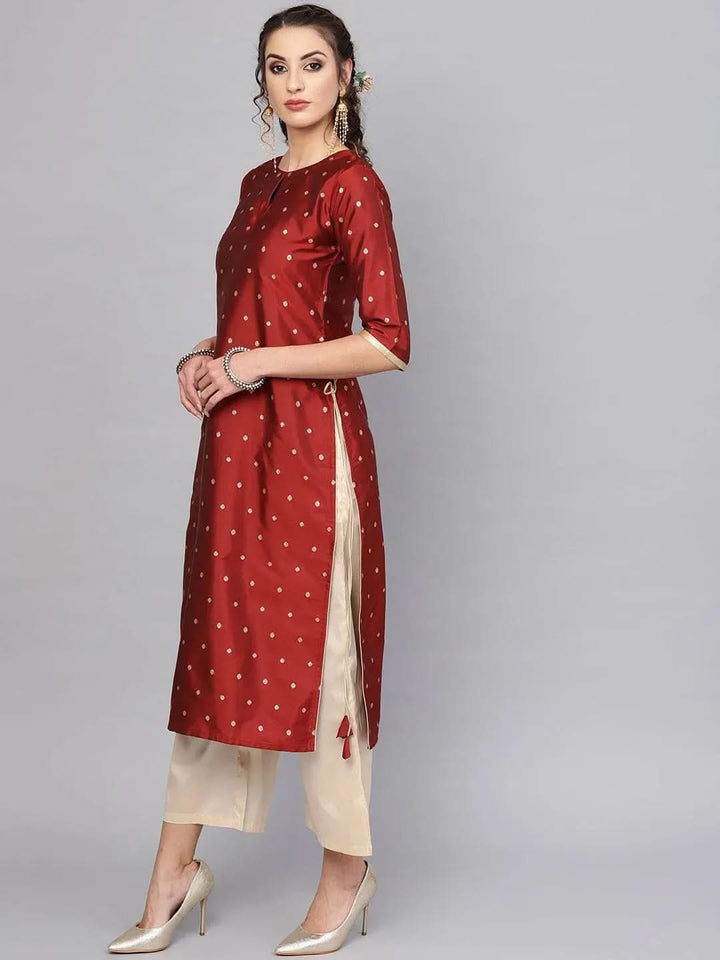 Maroon Embroidered Polyester Kurta Set - Libas