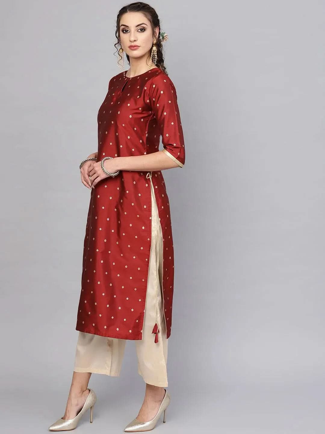 Maroon Embroidered Polyester Straight Kurta With Palazzos
Maroon Embroidered Polyester Straight Kurta With Palazzos