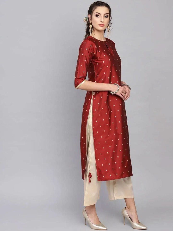 Maroon Embroidered Polyester Kurta Set - Libas