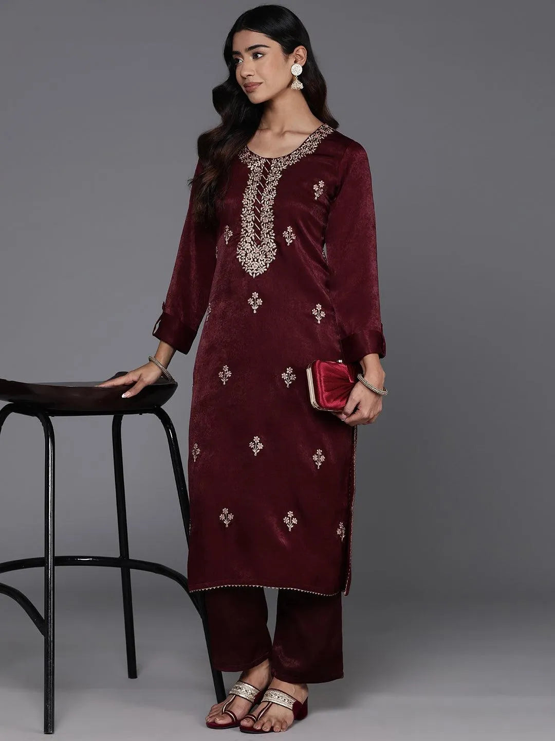Maroon Embroidered Polyester Straight Kurta With Trousers - Libas