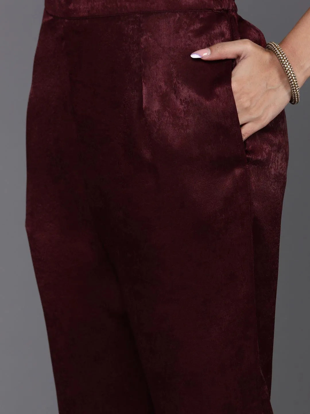 Maroon Embroidered Polyester Straight Kurta With Trousers - Libas