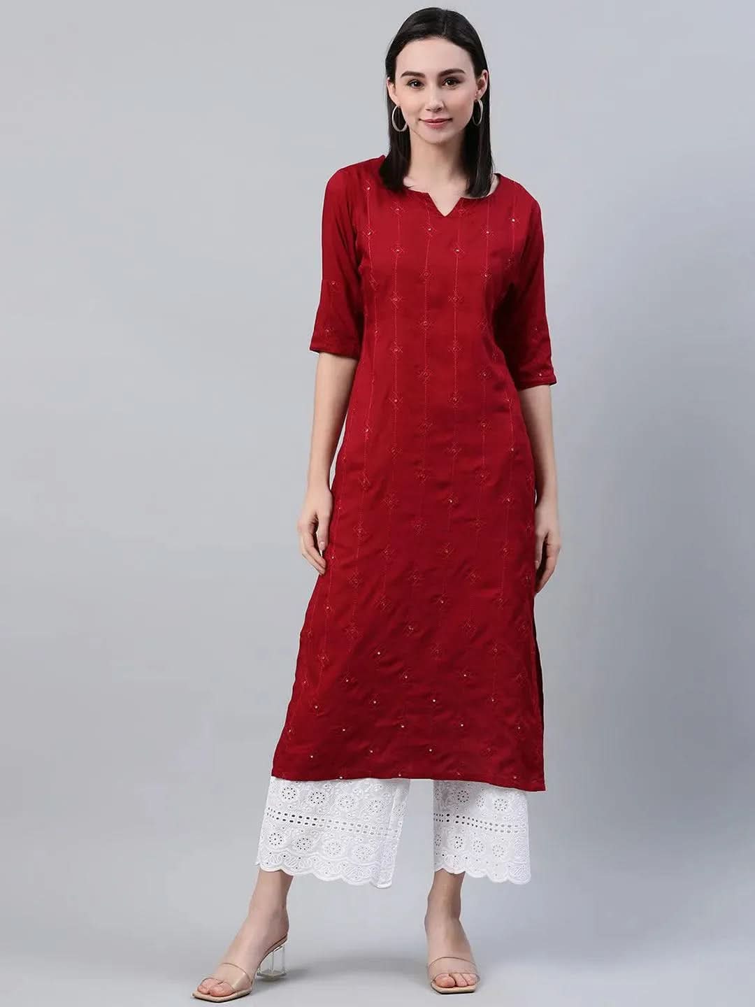 Maroon Embroidered Rayon Kurta - Libas