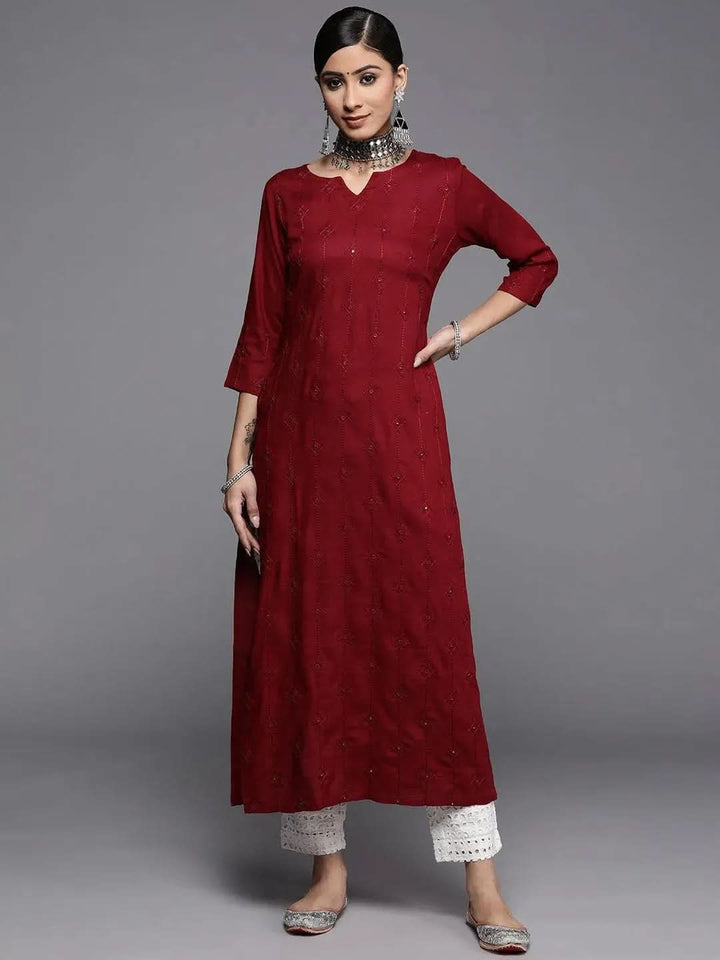 Maroon Embroidered Rayon Kurta - Libas