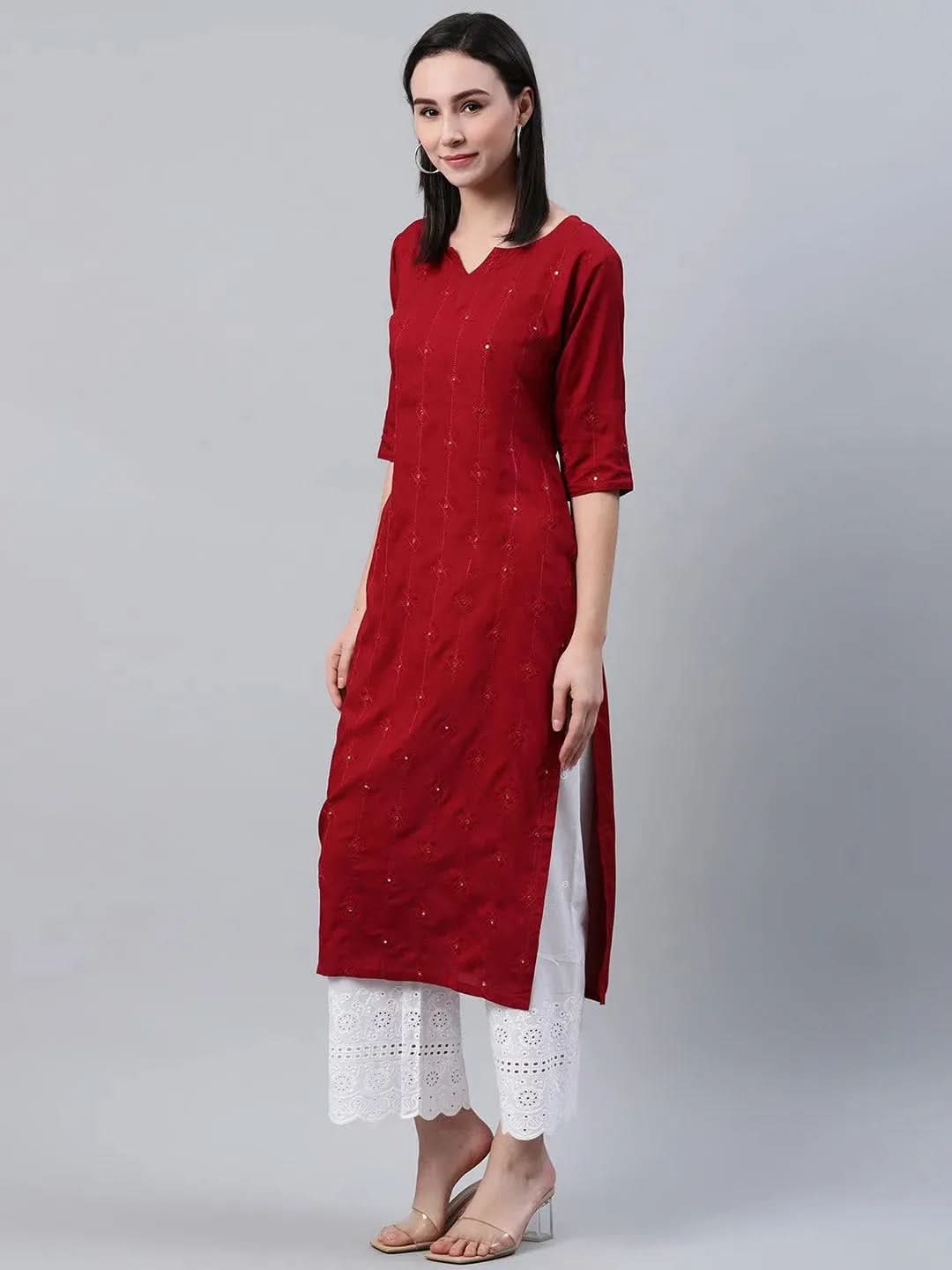 Maroon Embroidered Rayon Kurta - Libas