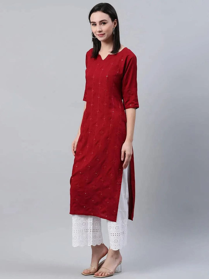 Maroon Embroidered Rayon Kurta - Libas