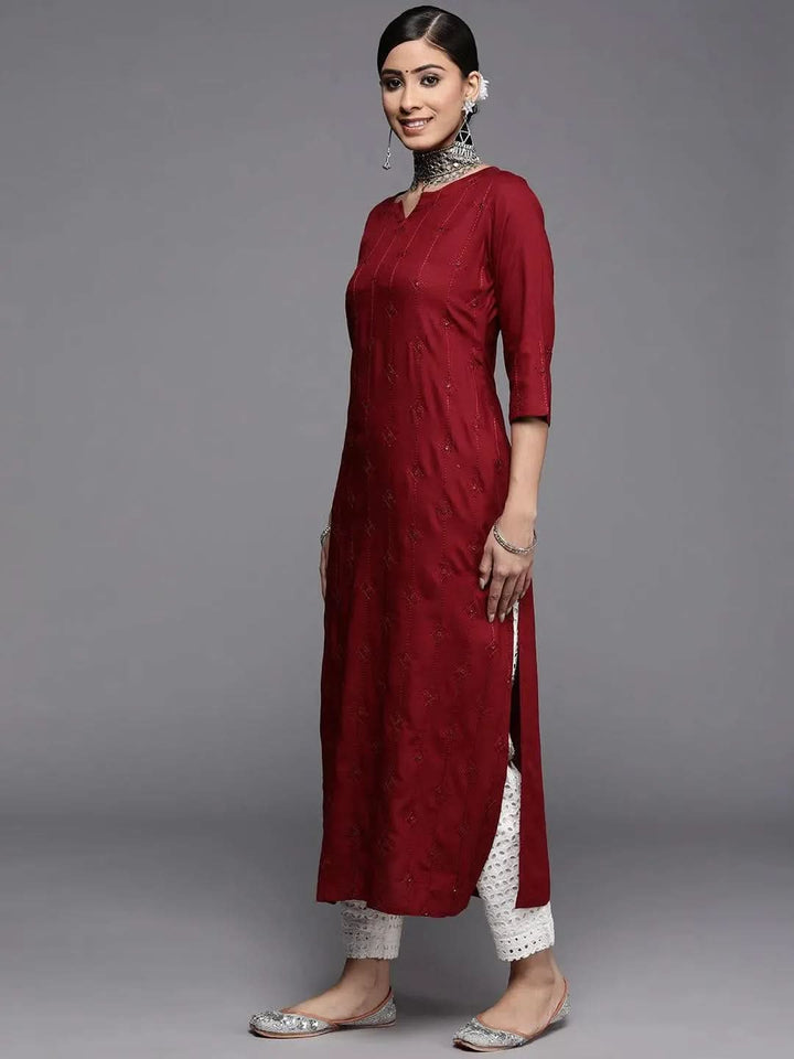 Maroon Embroidered Rayon Kurta - Libas