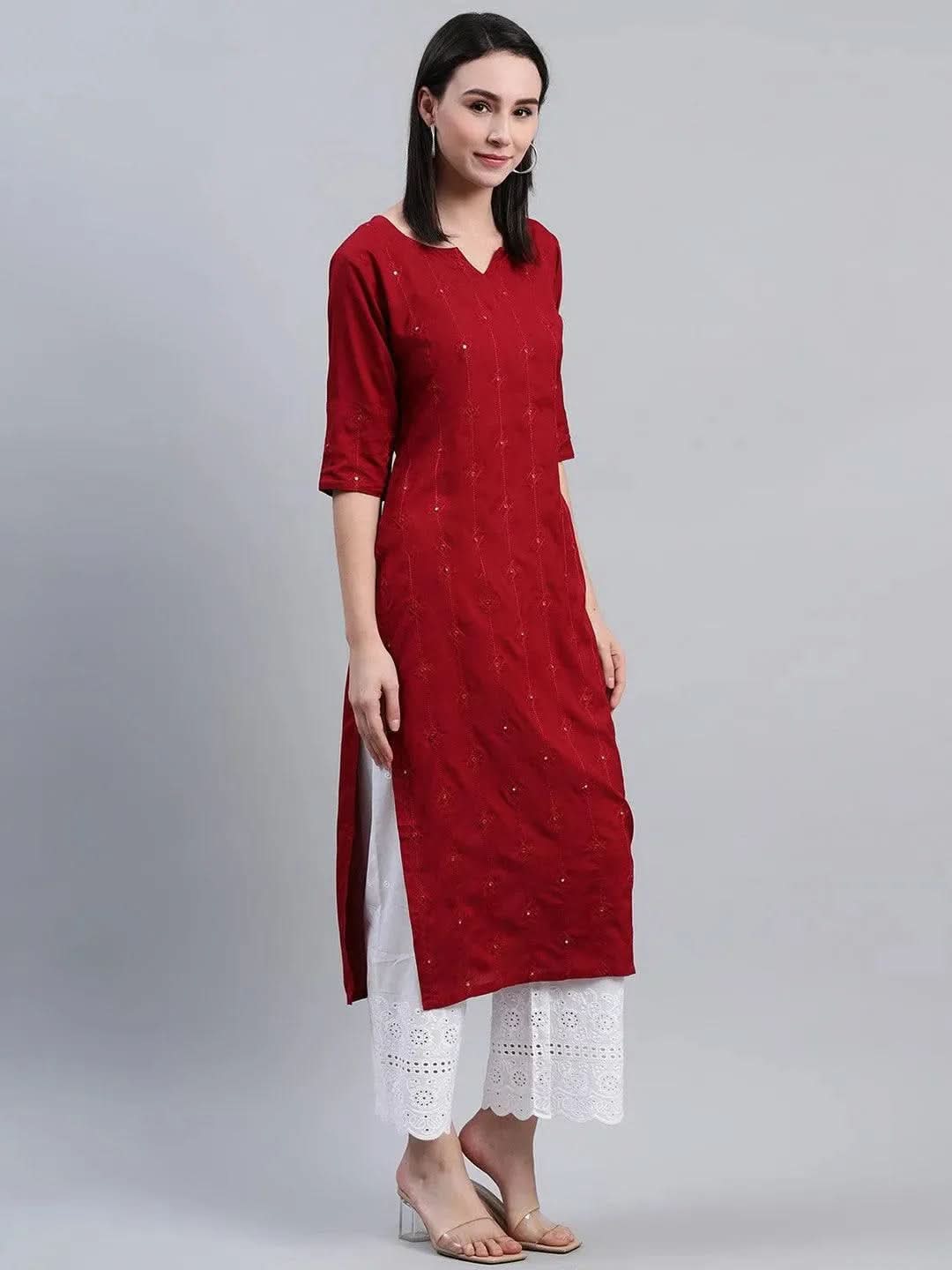 Maroon Embroidered Rayon Kurta - Libas