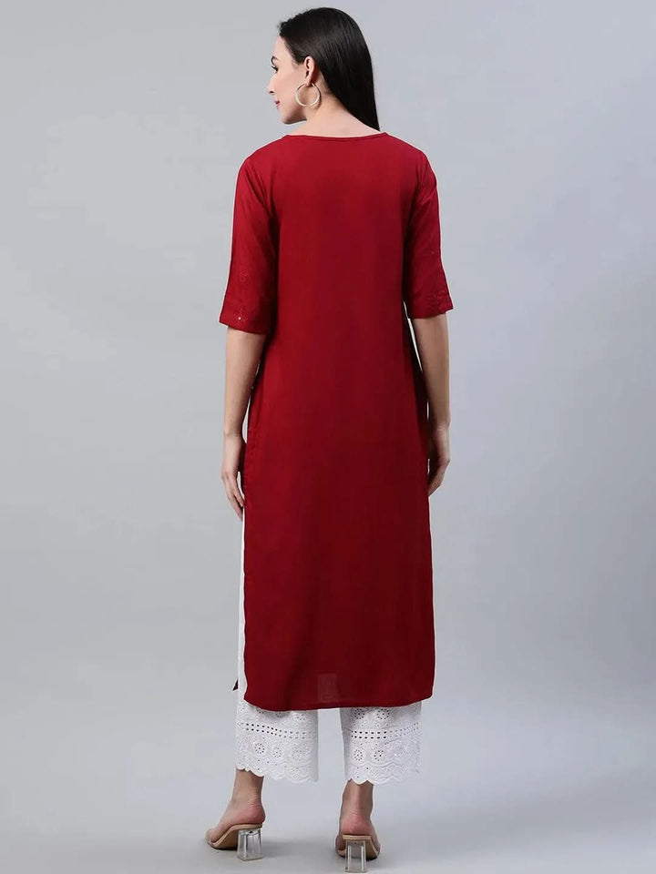 Maroon Embroidered Rayon Kurta - Libas