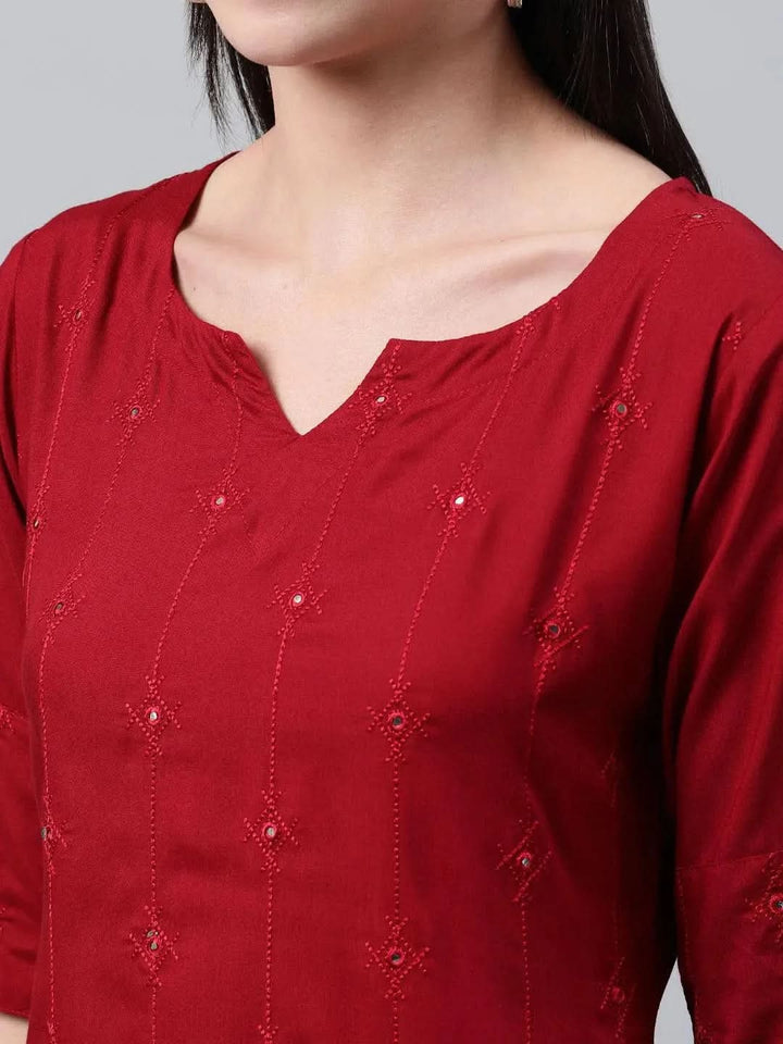 Maroon Embroidered Rayon Kurta - Libas